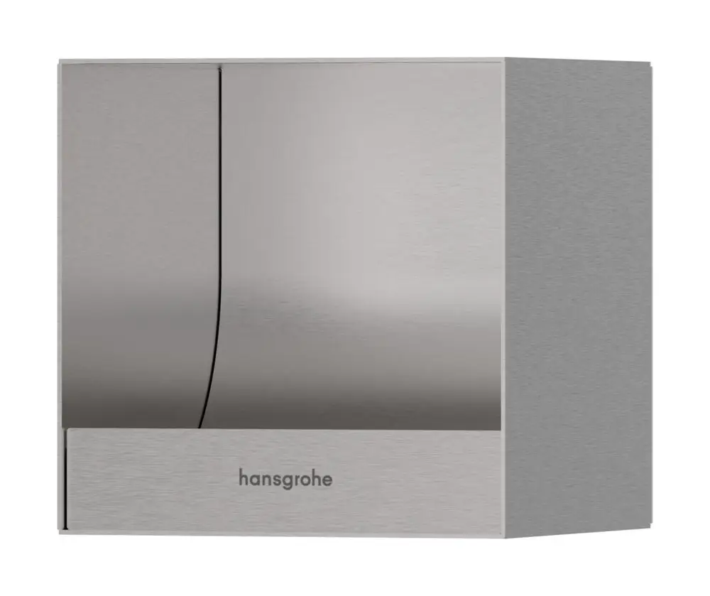 Toilettenpapierhalter aus gebürstetem Edelstahl, mit geschlossener Front und der Marke Hansgrohe, montierbar in der Wand.